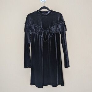 Gestuz Black Velvet Ruffle Long Sleeve Dress Sz M Whimsigoth Goth Witchy 90s Y2K